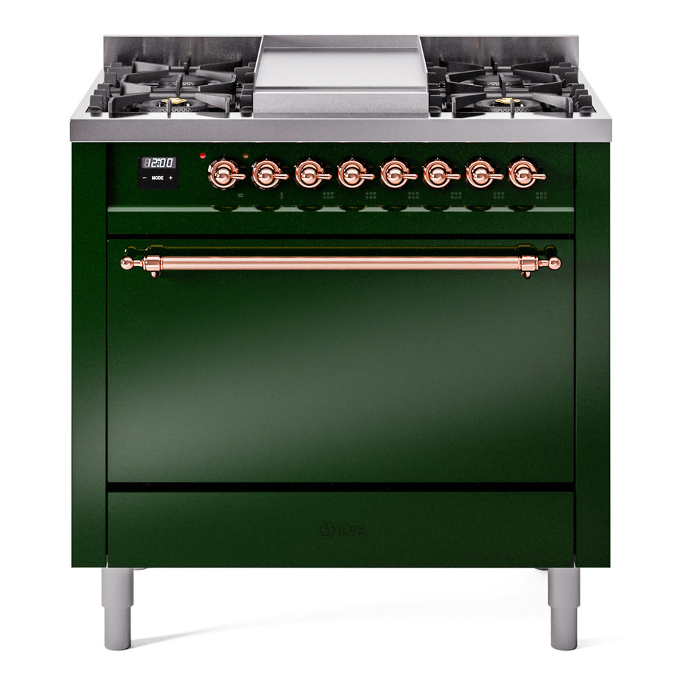 Ilve UP36FQNMPEGPLP Nostalgie Ii 36 Inch Dual Fuel Liquid Propane Freestanding Range In Emerald Green With Copper Trim