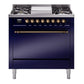 Ilve UP36FQNMPMBB Nostalgie Ii 36 Inch Dual Fuel Natural Gas Freestanding Range In Blue With Bronze Trim