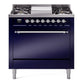 Ilve UP36FQNMPMBCLP Nostalgie Ii 36 Inch Dual Fuel Liquid Propane Freestanding Range In Blue With Chrome Trim