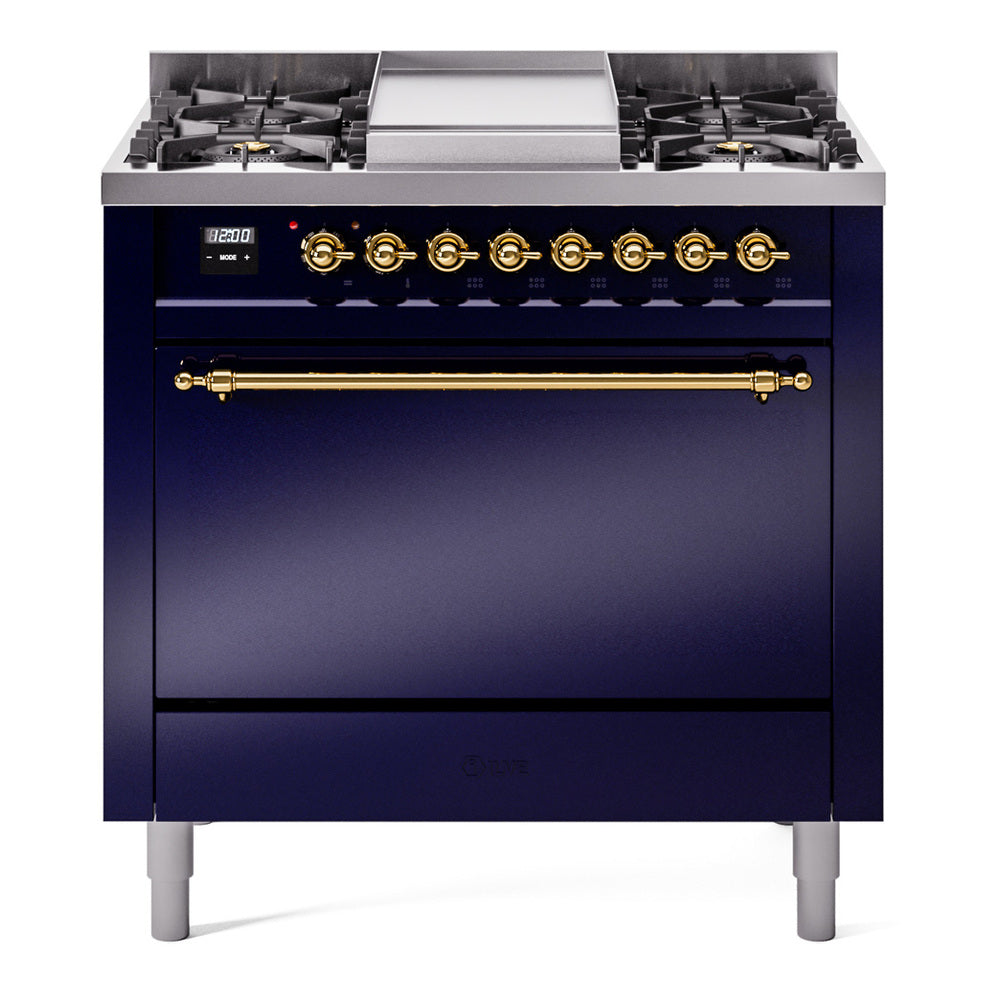 Ilve UP36FQNMPMBG Nostalgie Ii 36 Inch Dual Fuel Natural Gas Freestanding Range In Blue With Brass Trim