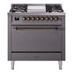 Ilve UP36FQNMPMGBLP Nostalgie Ii 36 Inch Dual Fuel Liquid Propane Freestanding Range In Matte Graphite With Bronze Trim