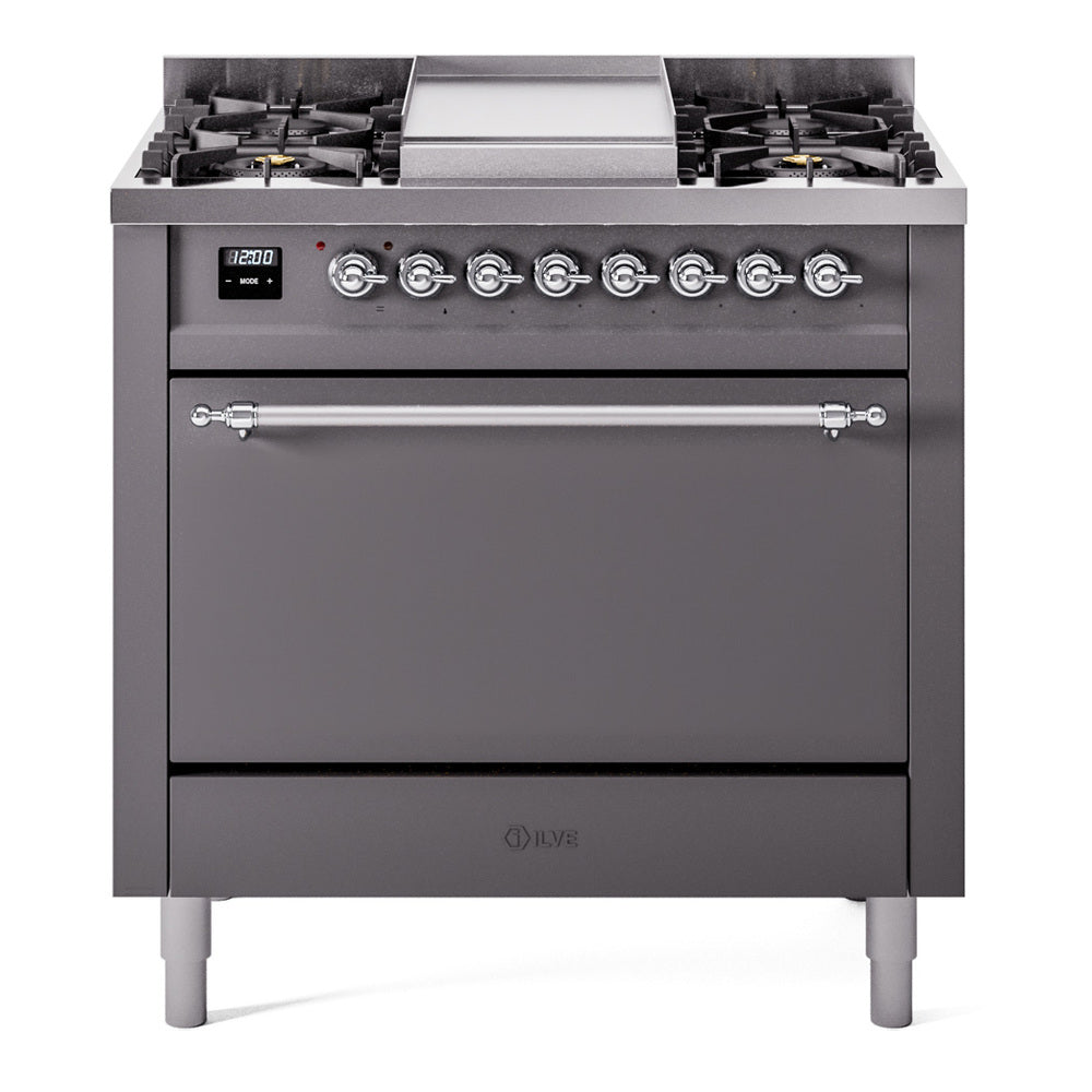 Ilve UP36FQNMPMGC Nostalgie Ii 36 Inch Dual Fuel Natural Gas Freestanding Range In Matte Graphite With Chrome Trim