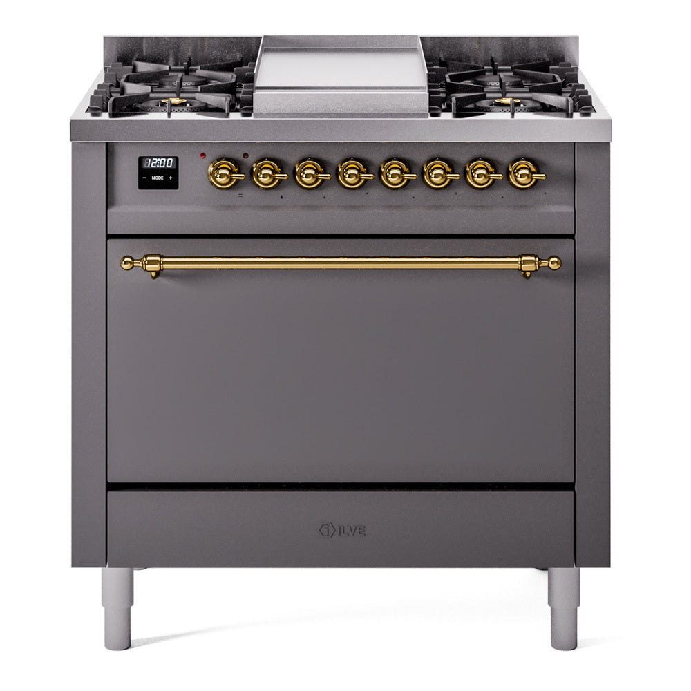 Ilve UP36FQNMPMGG Nostalgie Ii 36 Inch Dual Fuel Natural Gas Freestanding Range In Matte Graphite With Brass Trim