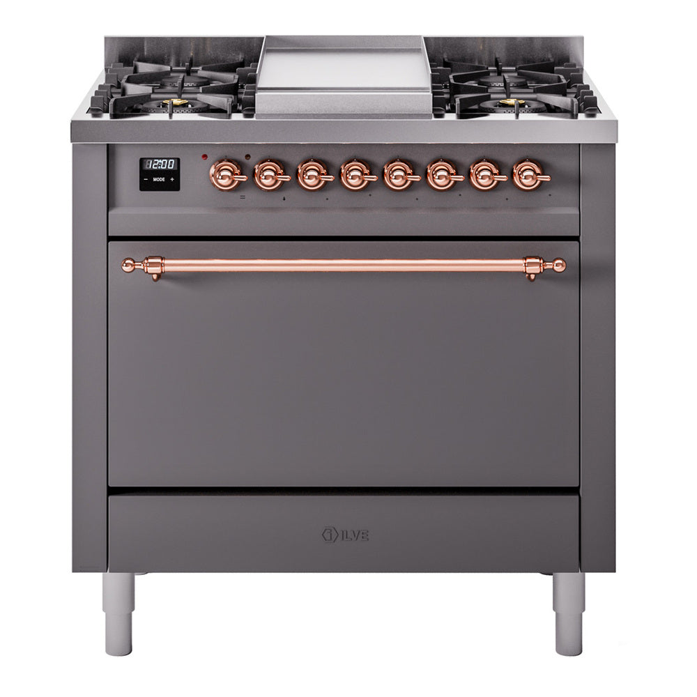 Ilve UP36FQNMPMGPLP Nostalgie Ii 36 Inch Dual Fuel Liquid Propane Freestanding Range In Matte Graphite With Copper Trim