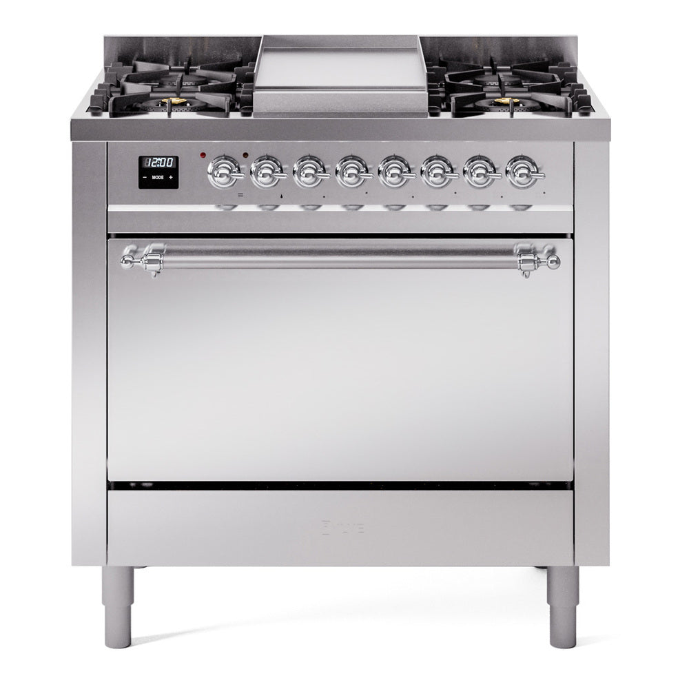 Ilve UP36FQNMPSSCLP Nostalgie Ii 36 Inch Dual Fuel Liquid Propane Freestanding Range In Stainless Steel With Chrome Trim