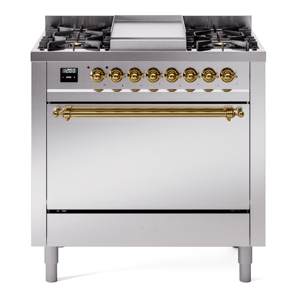 Ilve UP36FQNMPSSG Nostalgie Ii 36 Inch Dual Fuel Natural Gas Freestanding Range In Stainless Steel With Brass Trim