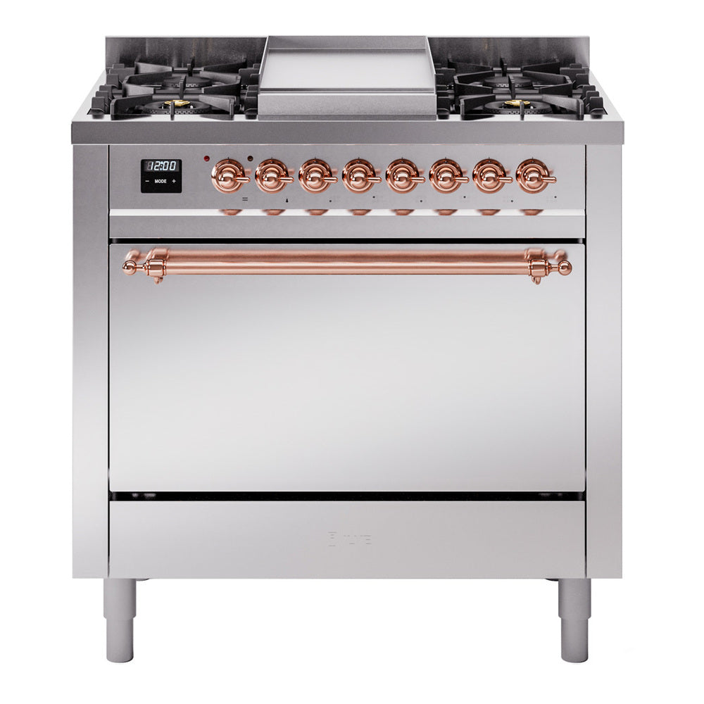 Ilve UP36FQNMPSSPLP Nostalgie Ii 36 Inch Dual Fuel Liquid Propane Freestanding Range In Stainless Steel With Copper Trim