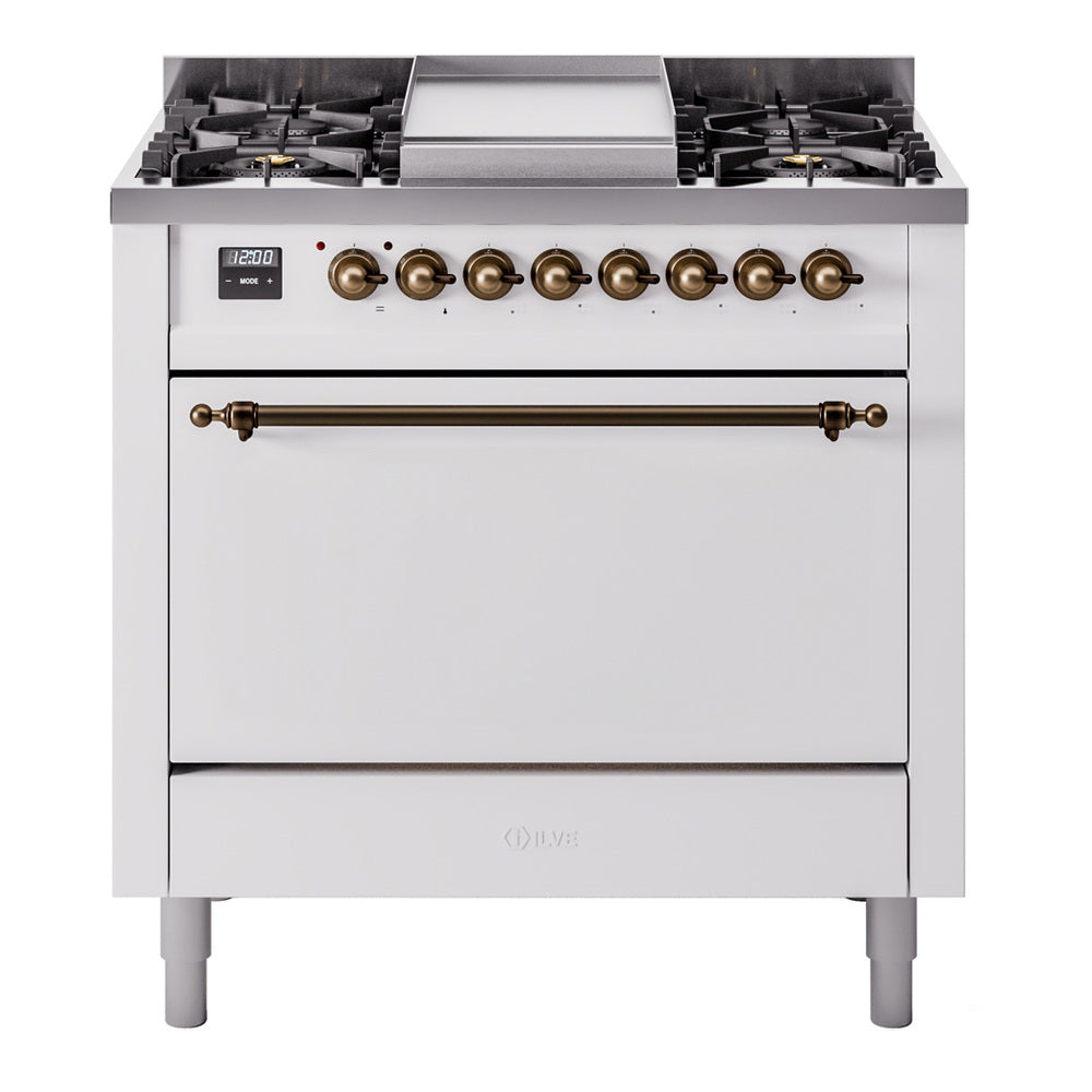 Ilve UP36FQNMPWHBLP Nostalgie Ii 36 Inch Dual Fuel Liquid Propane Freestanding Range In White With Bronze Trim