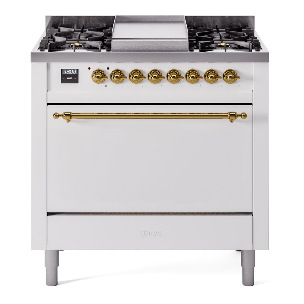 Ilve UP36FQNMPWHP Nostalgie Ii 36 Inch Dual Fuel Natural Gas Freestanding Range In White With Copper Trim