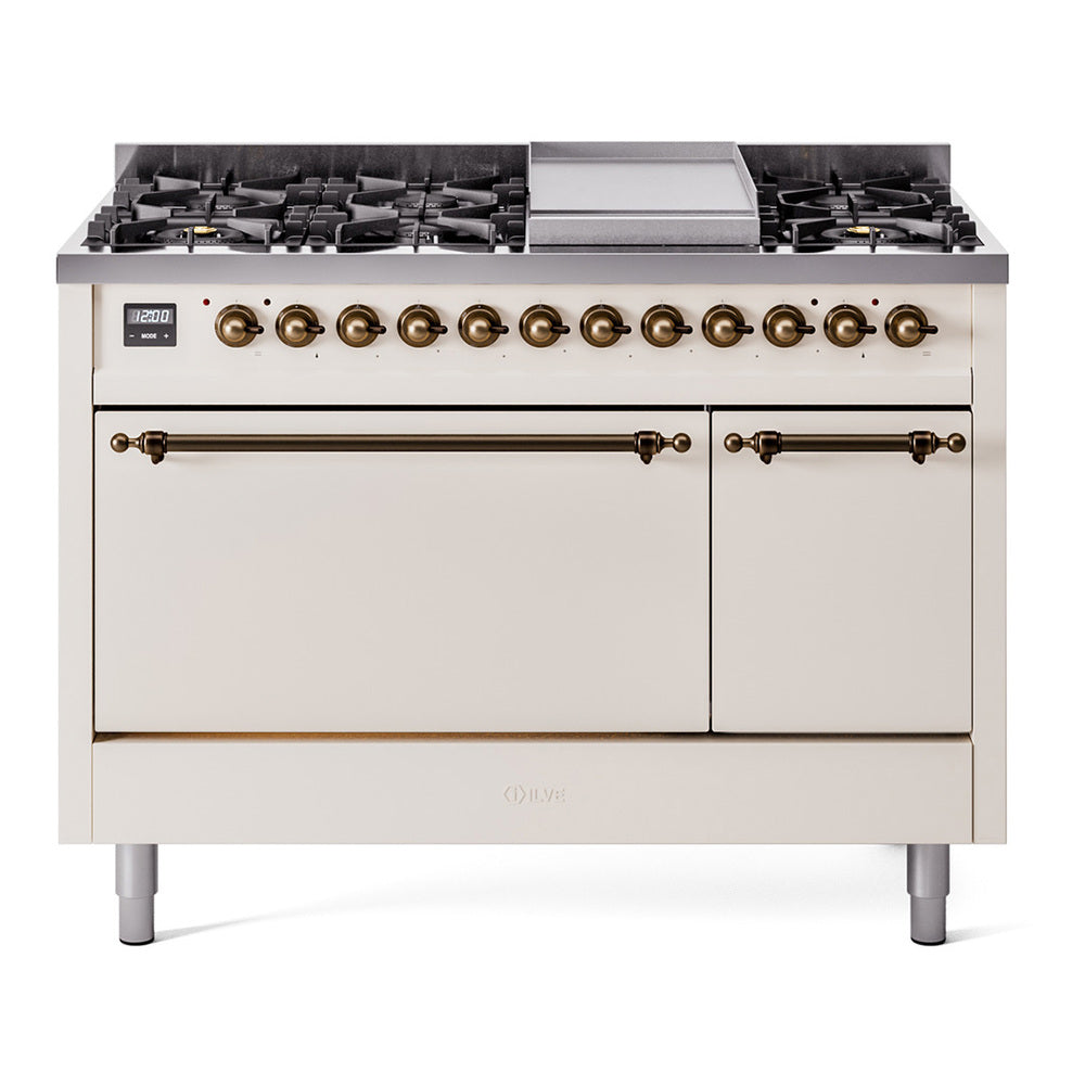 Ilve UP48FQNMPAWBLP Nostalgie Ii 48 Inch Dual Fuel Liquid Propane Freestanding Range In Antique White With Bronze Trim