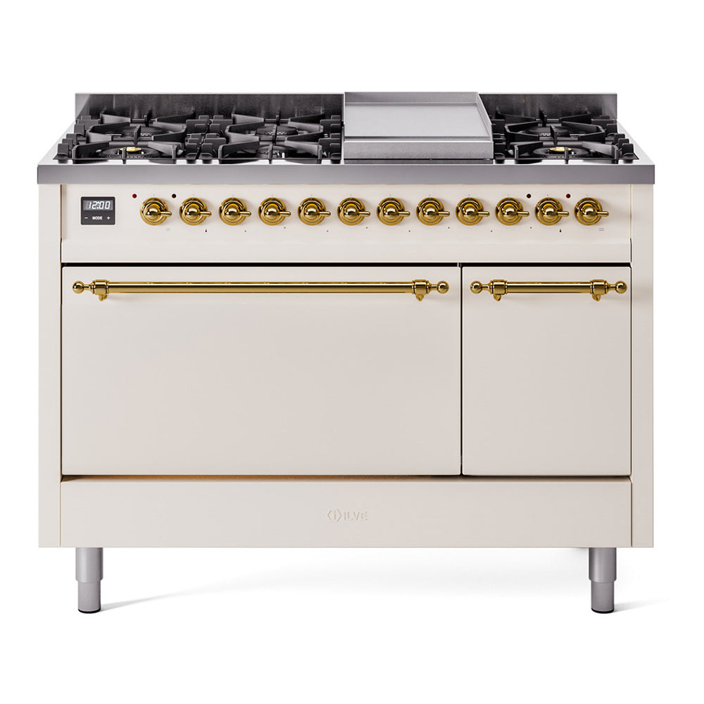 Ilve UP48FQNMPAWG Nostalgie Ii 48 Inch Dual Fuel Natural Gas Freestanding Range In Antique White With Brass Trim