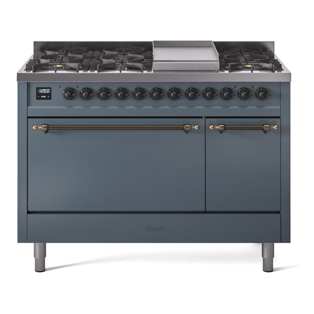 Ilve UP48FQNMPBGBLP Nostalgie Ii 48 Inch Dual Fuel Liquid Propane Freestanding Range In Blue Grey With Bronze Trim