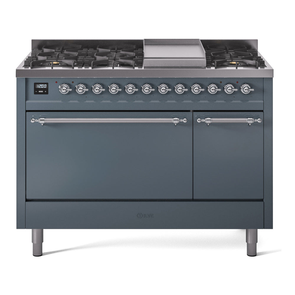 Ilve UP48FQNMPBGCLP Nostalgie Ii 48 Inch Dual Fuel Liquid Propane Freestanding Range In Blue Grey With Chrome Trim