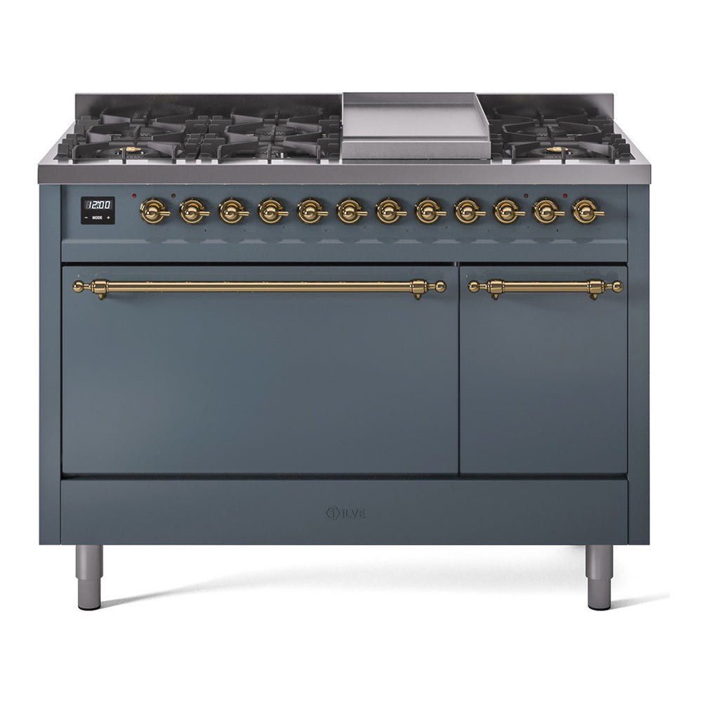 Ilve UP48FQNMPBGGLP Nostalgie Ii 48 Inch Dual Fuel Liquid Propane Freestanding Range In Blue Grey With Brass Trim