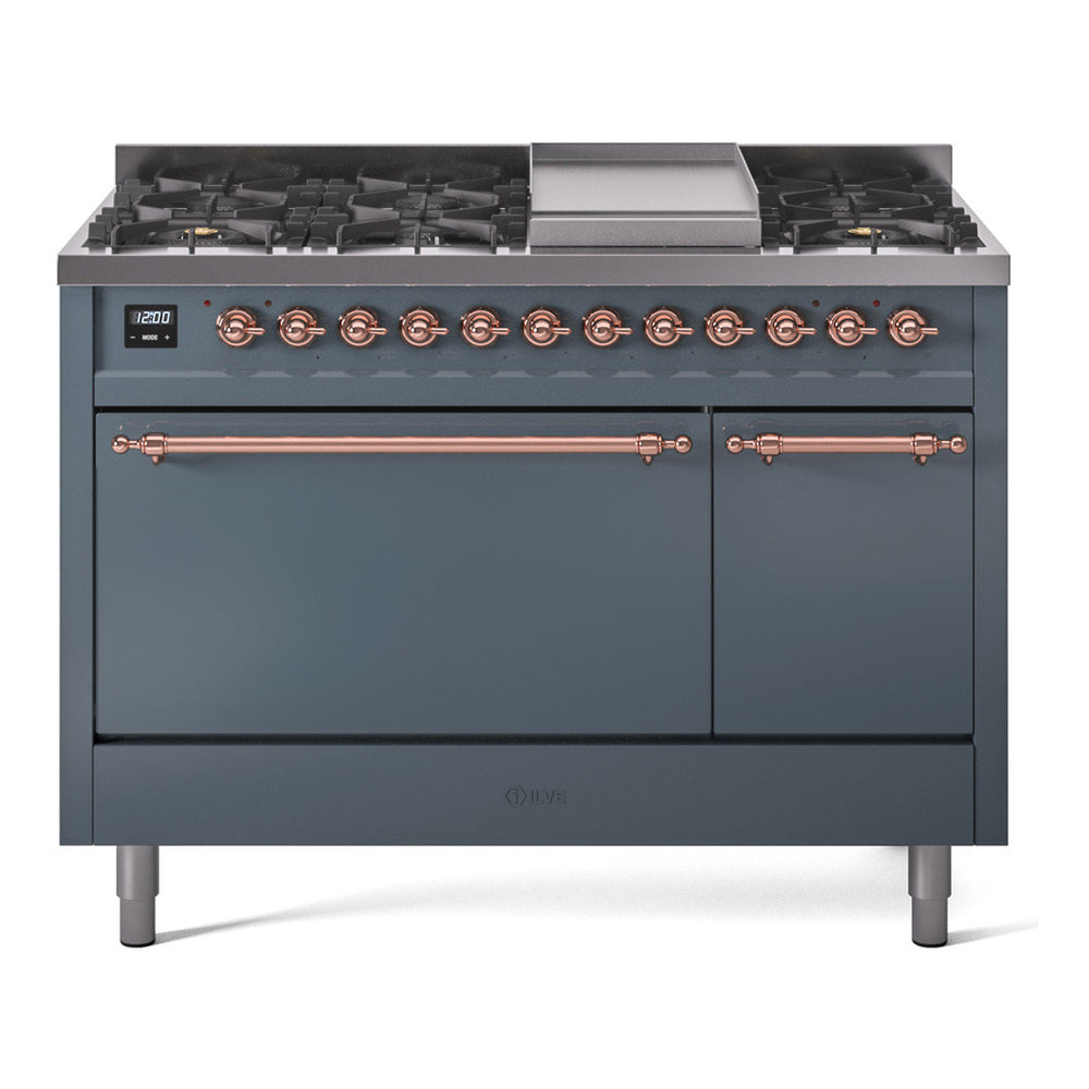 Ilve UP48FQNMPBGPLP Nostalgie Ii 48 Inch Dual Fuel Liquid Propane Freestanding Range In Blue Grey With Copper Trim