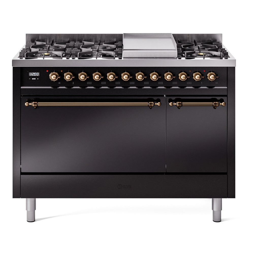 Ilve UP48FQNMPBKB Nostalgie Ii 48 Inch Dual Fuel Natural Gas Freestanding Range In Black With Bronze Trim