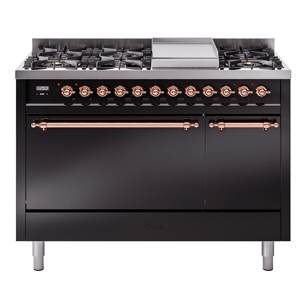 Ilve UP48FQNMPBKPLP Nostalgie Ii 48 Inch Dual Fuel Liquid Propane Freestanding Range In Glossy Black With Copper Trim