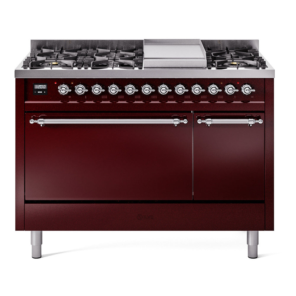 Ilve UP48FQNMPBUCLP Nostalgie Ii 48 Inch Dual Fuel Liquid Propane Freestanding Range In Burgundy With Chrome Trim