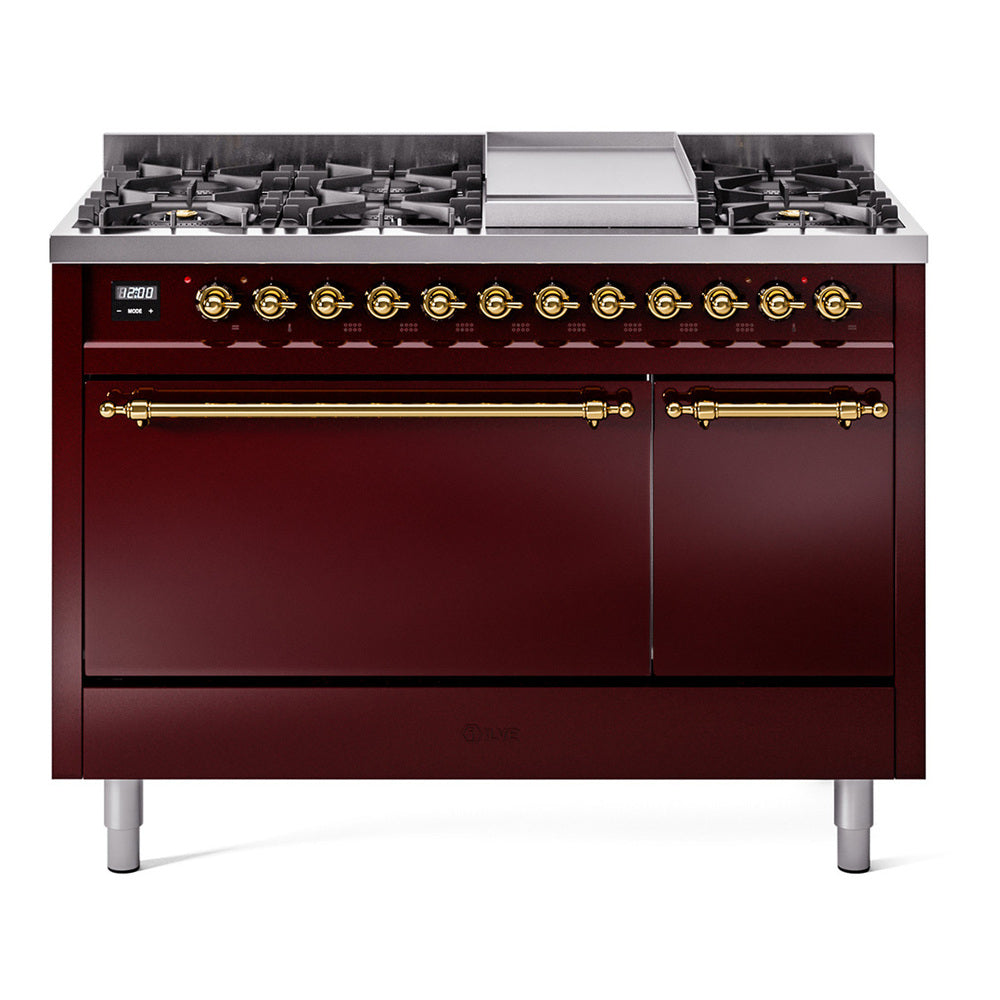 Ilve UP48FQNMPBUGLP Nostalgie Ii 48 Inch Dual Fuel Liquid Propane Freestanding Range In Burgundy With Brass Trim