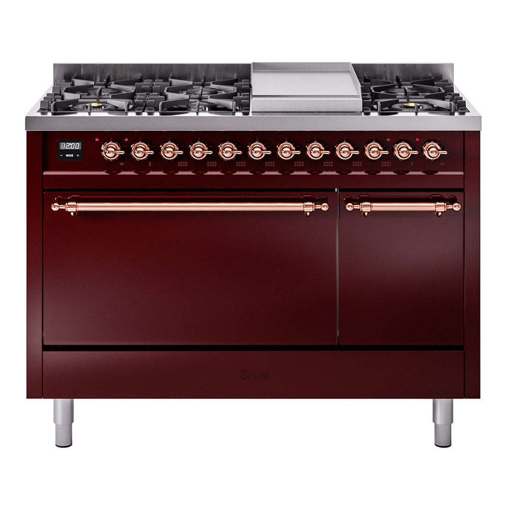 Ilve UP48FQNMPBUP Nostalgie Ii 48 Inch Dual Fuel Natural Gas Freestanding Range In Burgundy With Copper Trim