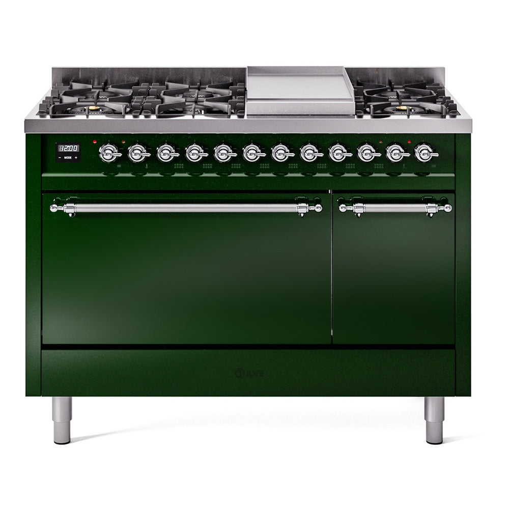 Ilve UP48FQNMPEGC Nostalgie Ii 48 Inch Dual Fuel Natural Gas Freestanding Range In Emerald Green With Chrome Trim