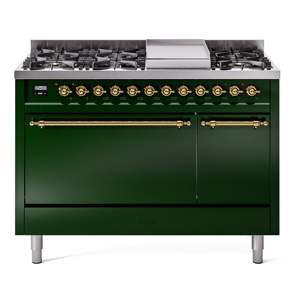 Ilve UP48FQNMPEGG Nostalgie Ii 48 Inch Dual Fuel Natural Gas Freestanding Range In Emerald Green With Brass Trim