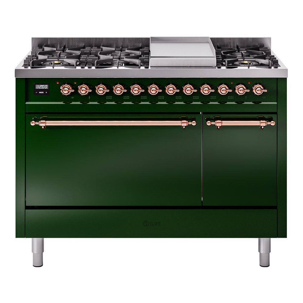 Ilve UP48FQNMPEGP Nostalgie Ii 48 Inch Dual Fuel Natural Gas Freestanding Range In Emerald Green With Copper Trim