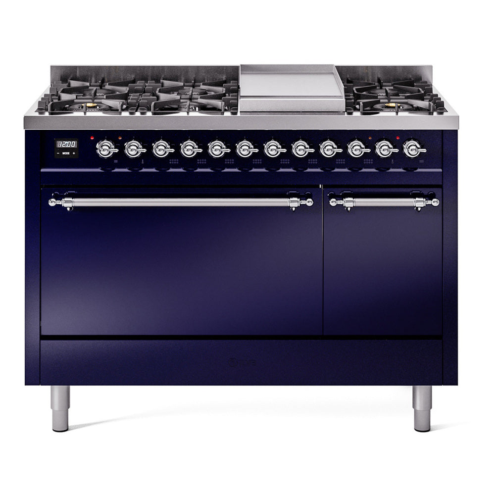 Ilve UP48FQNMPMBC Nostalgie Ii 48 Inch Dual Fuel Natural Gas Freestanding Range In Blue With Chrome Trim