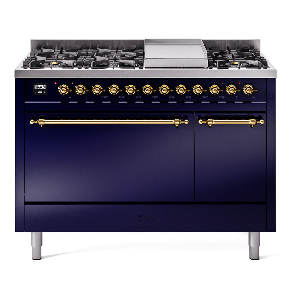 Ilve UP48FQNMPMBGLP Nostalgie Ii 48 Inch Dual Fuel Liquid Propane Freestanding Range In Blue With Brass Trim