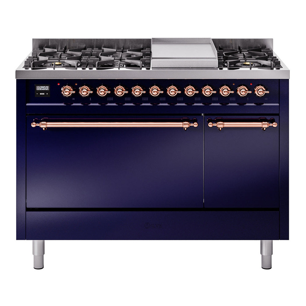 Ilve UP48FQNMPMBPLP Nostalgie Ii 48 Inch Dual Fuel Liquid Propane Freestanding Range In Blue With Copper Trim