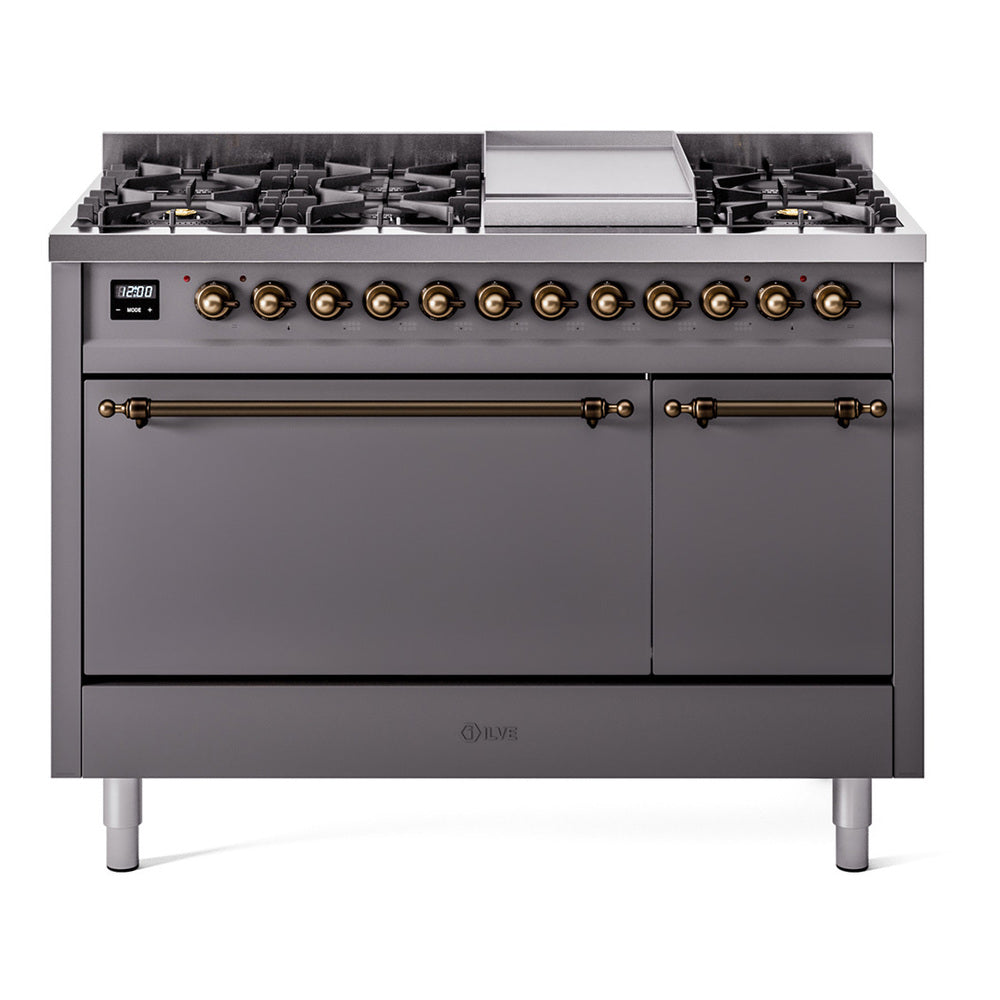 Ilve UP48FQNMPMGB Nostalgie Ii 48 Inch Dual Fuel Natural Gas Freestanding Range In Matte Graphite With Bronze Trim