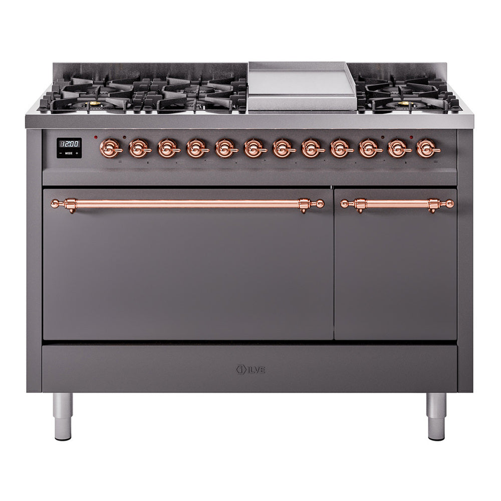 Ilve UP48FQNMPMGPLP Nostalgie Ii 48 Inch Dual Fuel Liquid Propane Freestanding Range In Matte Graphite With Copper Trim