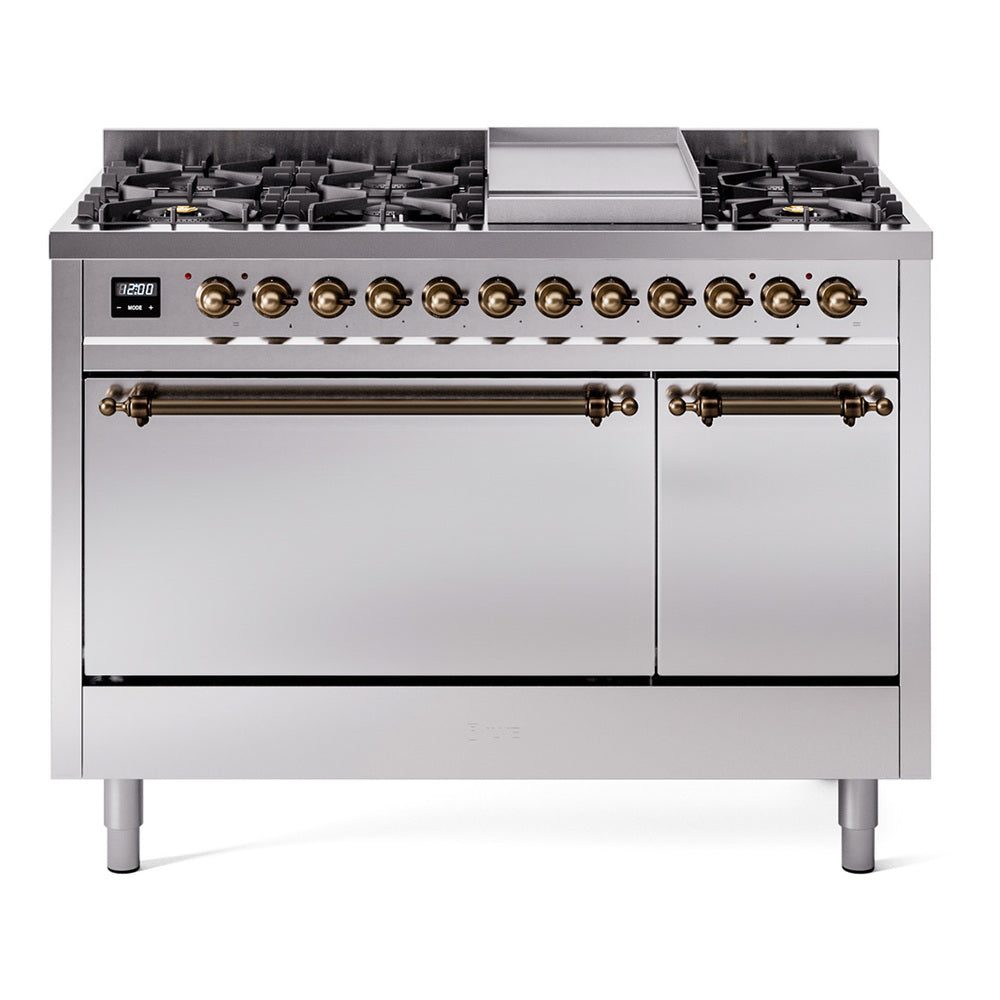 Ilve UP48FQNMPSSBLP Nostalgie Ii 48 Inch Dual Fuel Liquid Propane Freestanding Range In Stainless Steel With Bronze Trim