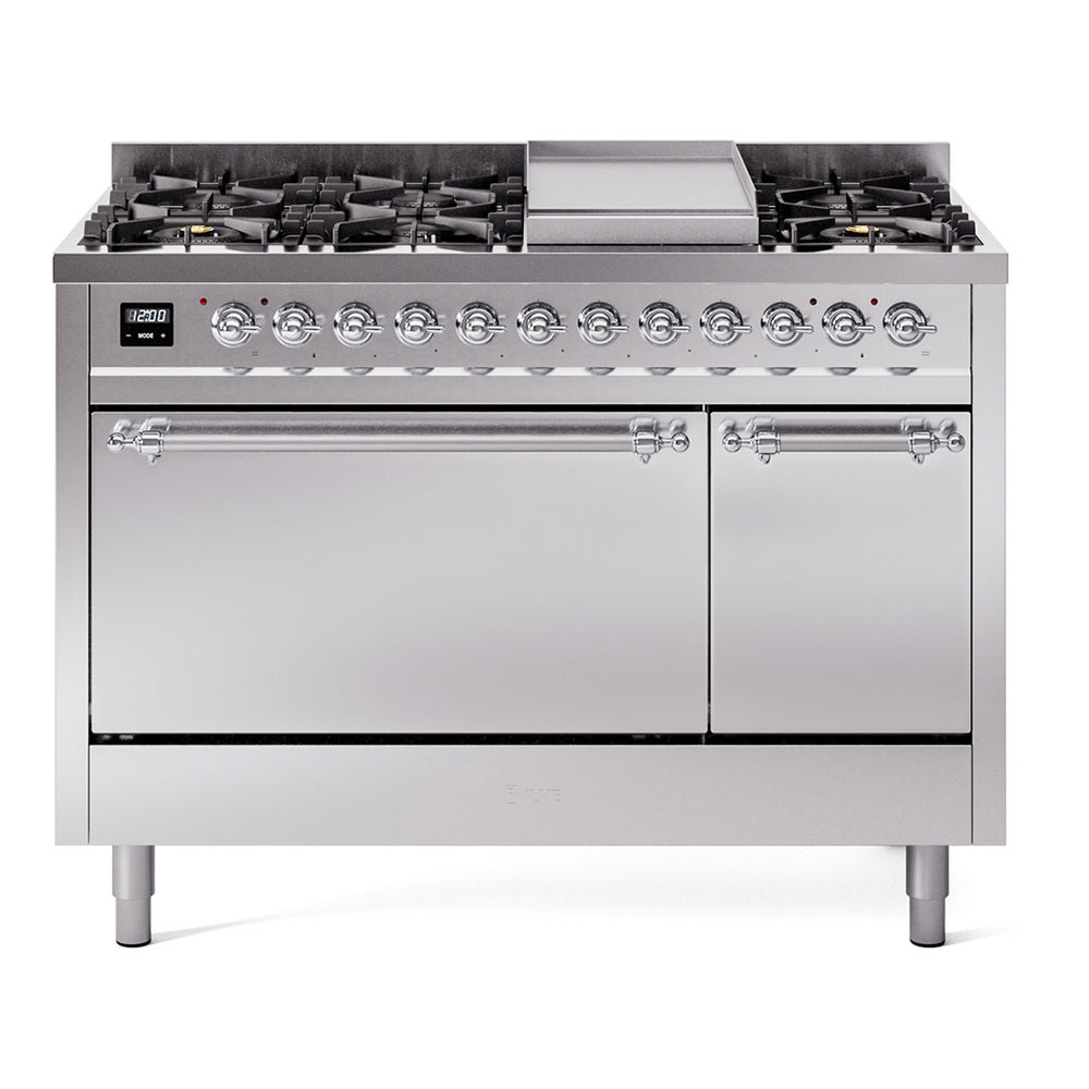 Ilve UP48FQNMPSSCLP Nostalgie Ii 48 Inch Dual Fuel Liquid Propane Freestanding Range In Stainless Steel With Chrome Trim