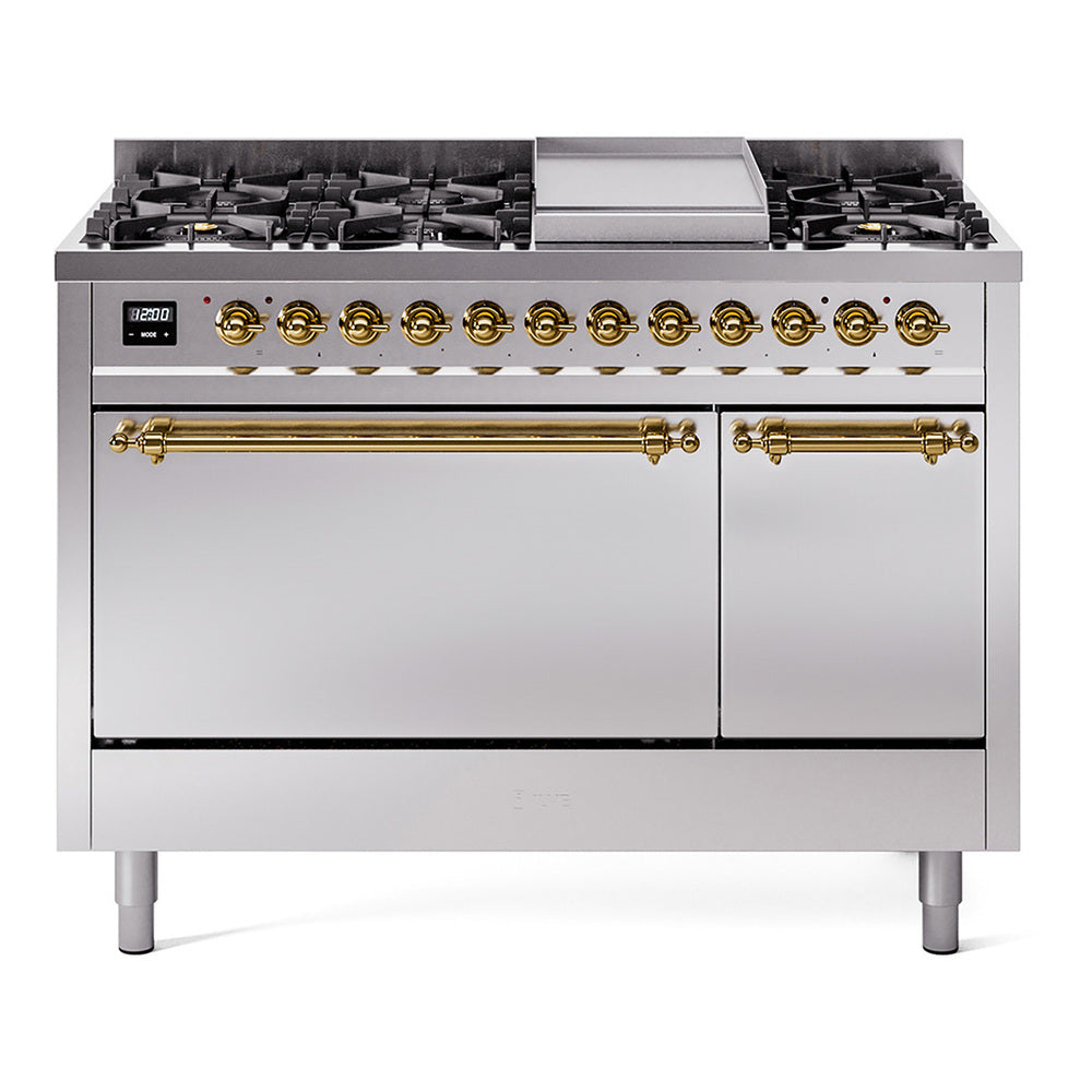 Ilve UP48FQNMPSSGLP Nostalgie Ii 48 Inch Dual Fuel Liquid Propane Freestanding Range In Stainless Steel With Brass Trim