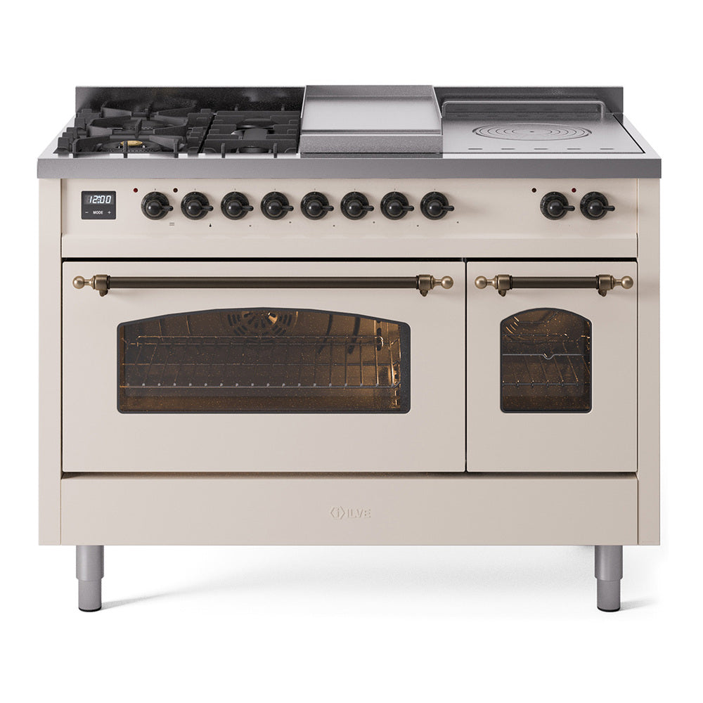 Ilve UP48FSNMPAWB Nostalgie Ii 48 Inch Dual Fuel Natural Gas Freestanding Range In Antique White With Bronze Trim