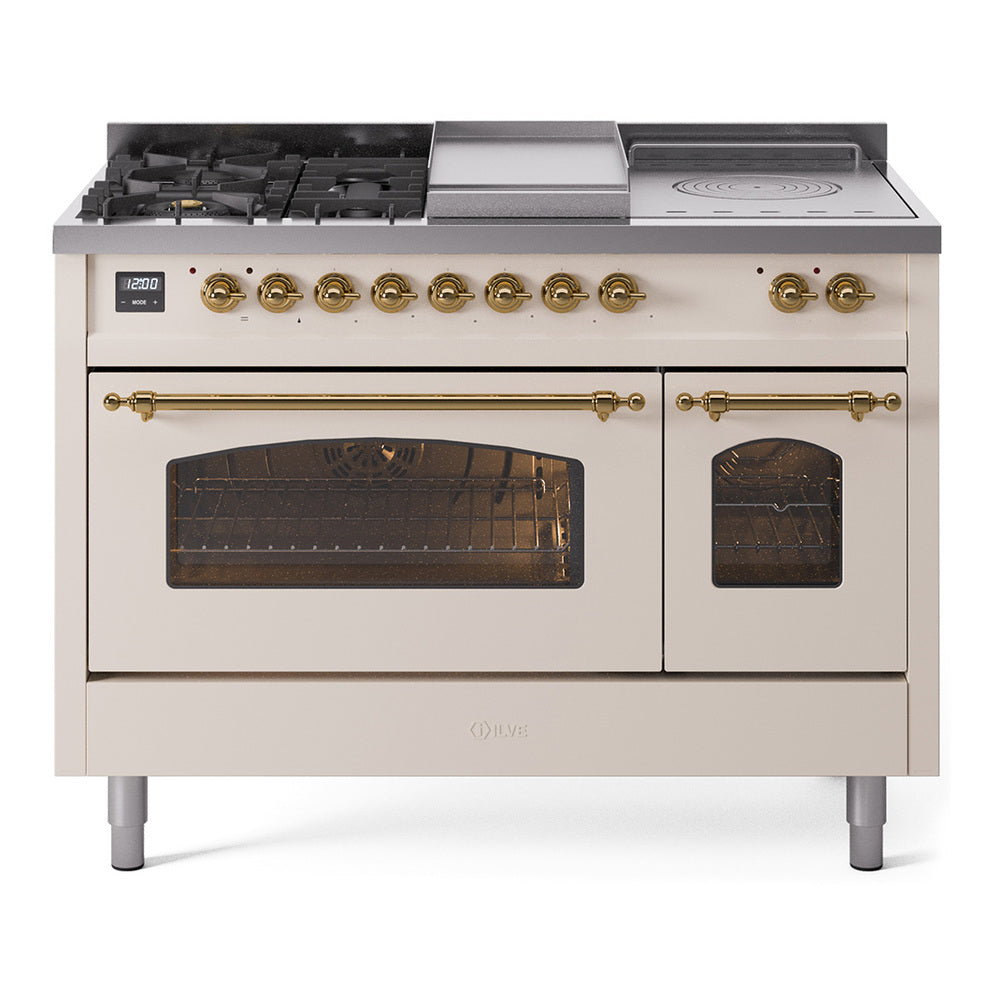 Ilve UP48FSNMPAWGLP Nostalgie Ii 48 Inch Dual Fuel Liquid Propane Freestanding Range In Antique White With Brass Trim