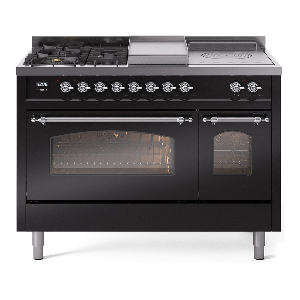 Ilve UP48FSNMPBKP Nostalgie Ii 48 Inch Dual Fuel Natural Gas Freestanding Range In Glossy Black With Chrome Trim