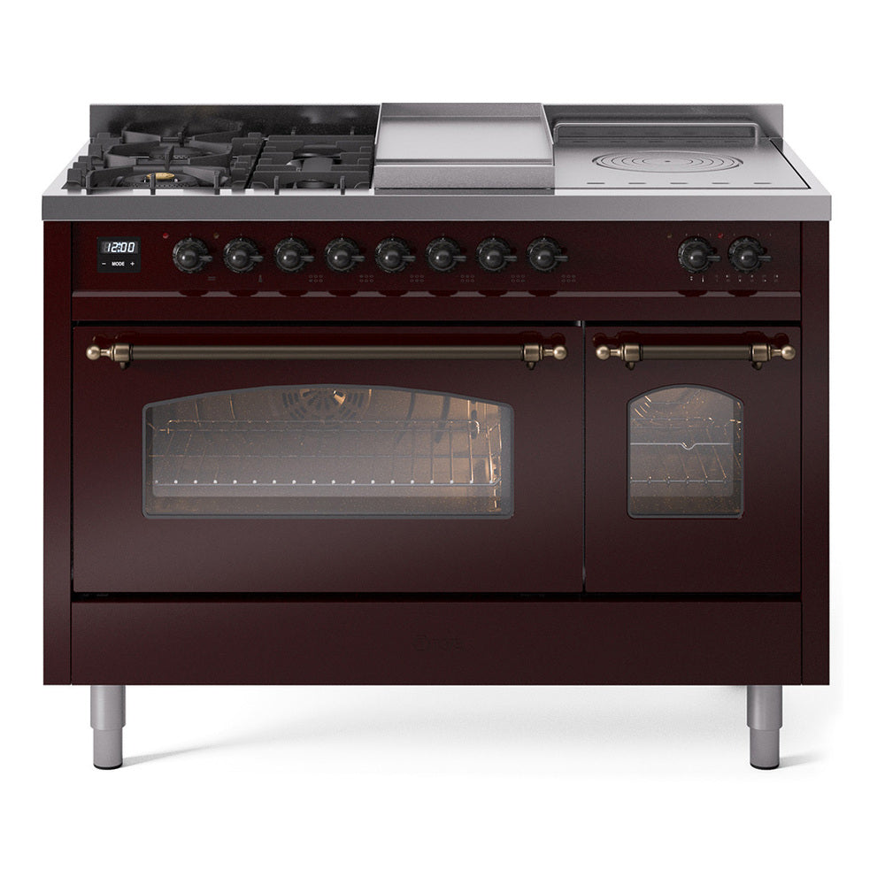 Ilve UP48FSNMPBUB Nostalgie Ii 48 Inch Dual Fuel Natural Gas Freestanding Range In Burgundy With Bronze Trim