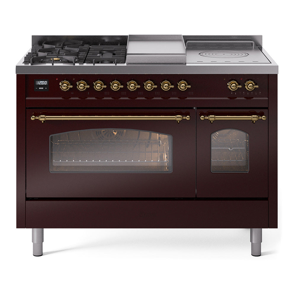 Ilve UP48FSNMPBUG Nostalgie Ii 48 Inch Dual Fuel Natural Gas Freestanding Range In Burgundy With Brass Trim