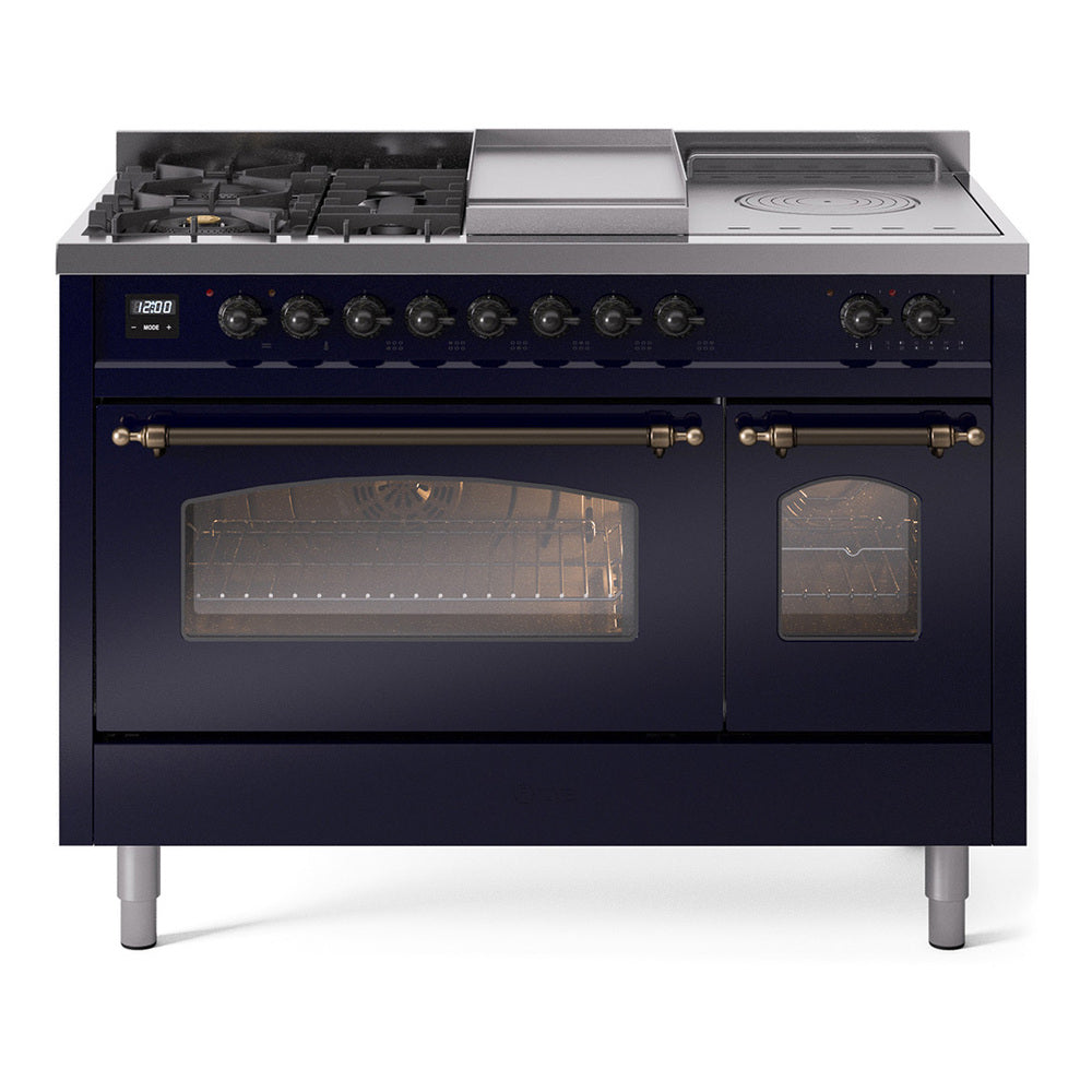 Ilve UP48FSNMPMBBLP Nostalgie Ii 48 Inch Dual Fuel Liquid Propane Freestanding Range In Blue With Bronze Trim