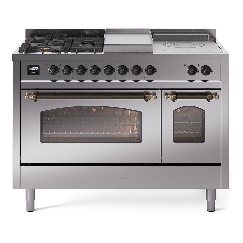 Ilve UP48FSNMPSSBLP Nostalgie Ii 48 Inch Dual Fuel Liquid Propane Freestanding Range In Stainless Steel With Bronze Trim