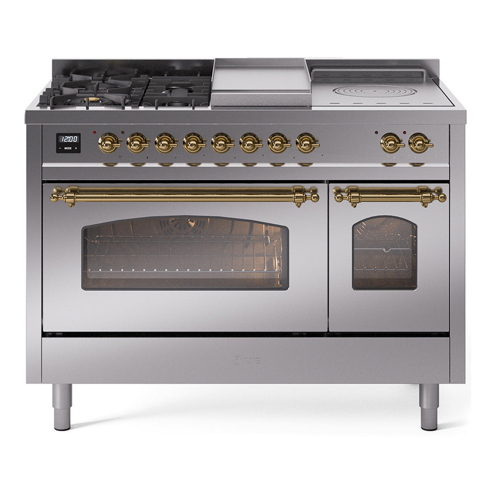 Ilve UP48FSNMPSSGLP Nostalgie Ii 48 Inch Dual Fuel Liquid Propane Freestanding Range In Stainless Steel With Brass Trim