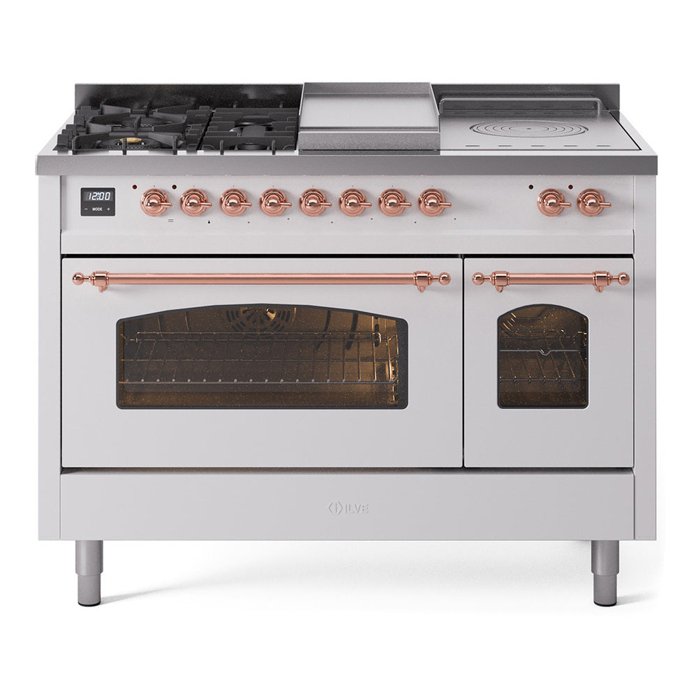 Ilve UP48FSNMPWHP Nostalgie Ii 48 Inch Dual Fuel Natural Gas Freestanding Range In White With Copper Trim