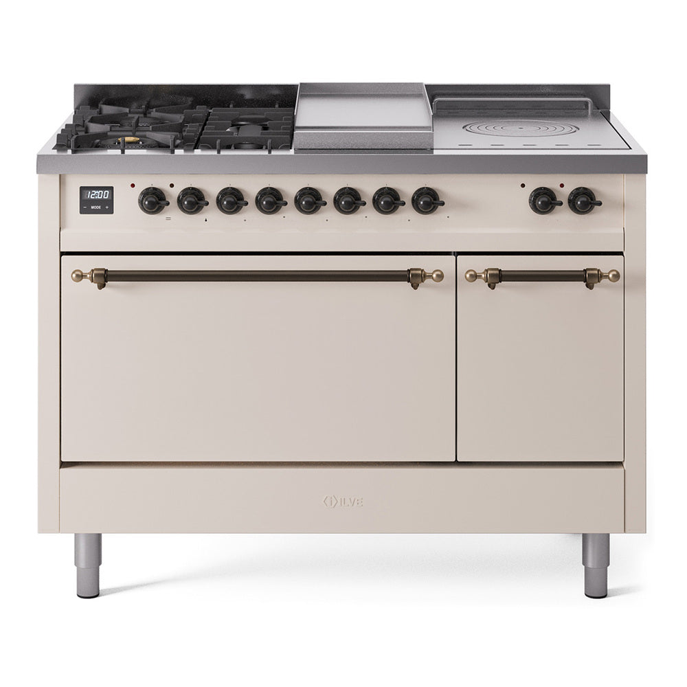 Ilve UP48FSQNMPAWBLP Nostalgie Ii 48 Inch Dual Fuel Liquid Propane Freestanding Range In Antique White With Bronze Trim