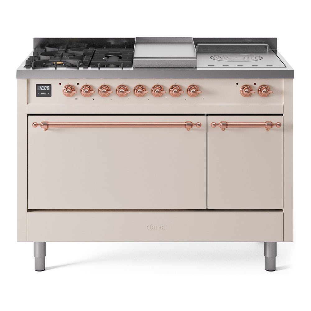 Ilve UP48FSQNMPAWPLP Nostalgie Ii 48 Inch Dual Fuel Liquid Propane Freestanding Range In Antique White With Copper Trim