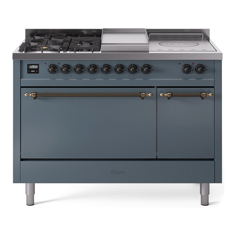 Ilve UP48FSQNMPBGBLP Nostalgie Ii 48 Inch Dual Fuel Liquid Propane Freestanding Range In Blue Grey With Bronze Trim