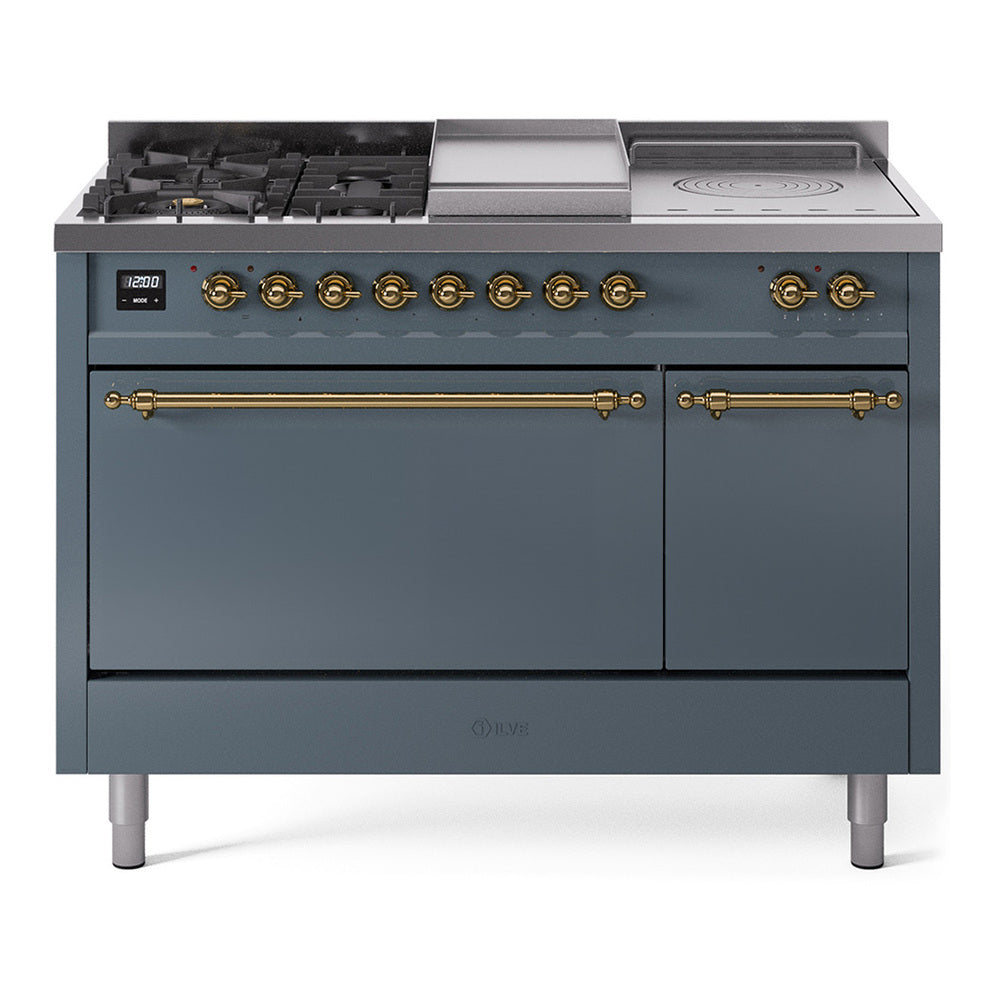 Ilve UP48FSQNMPBGG Nostalgie Ii 48 Inch Dual Fuel Natural Gas Freestanding Range In Blue Grey With Brass Trim