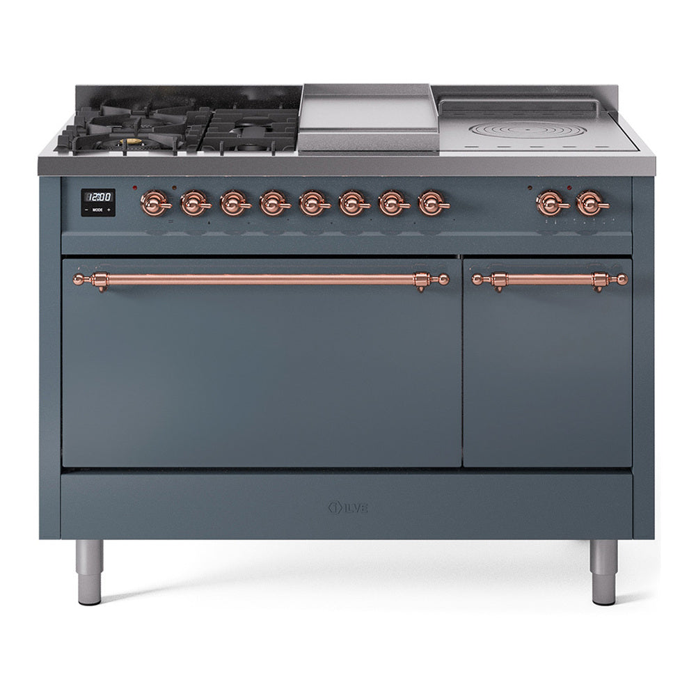 Ilve UP48FSQNMPBGP Nostalgie Ii 48 Inch Dual Fuel Natural Gas Freestanding Range In Blue Grey With Copper Trim