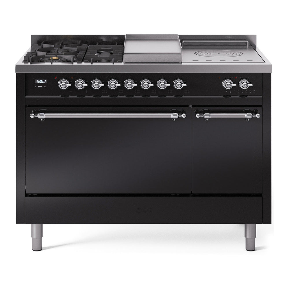 Ilve UP48FSQNMPBKC Nostalgie Ii 48 Inch Dual Fuel Natural Gas Freestanding Range In Glossy Black With Chrome Trim